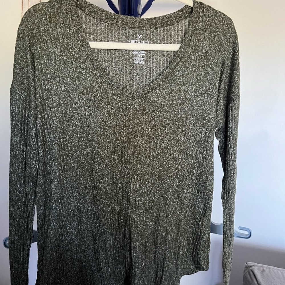 American Eagle, Soft & Sexy, Ribbed, V-neck, Green, Long sleeve shirt